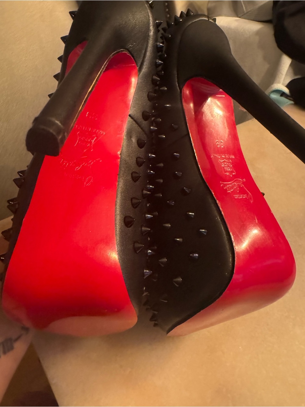 Christian Louboutin Black Studded Platform Stilettos with Red Soles - Picture 8 of 9